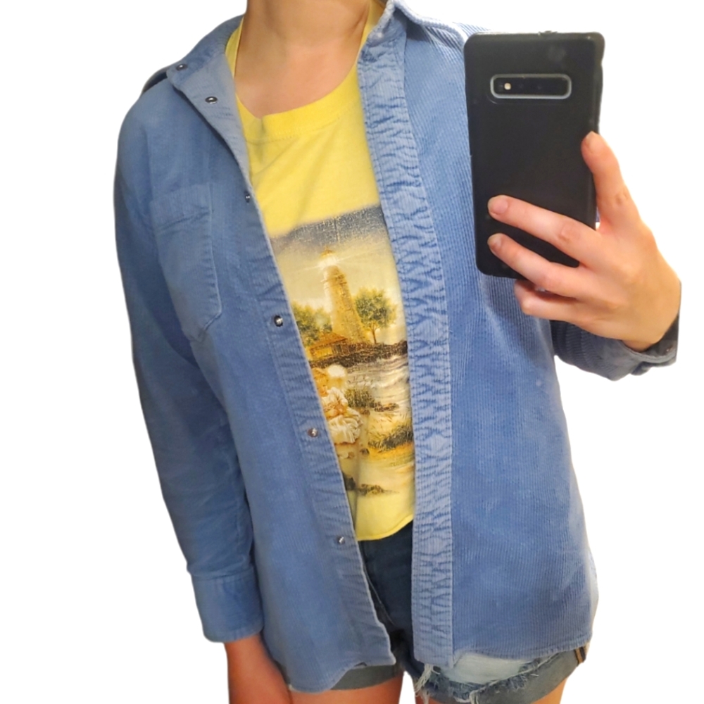 MO&Co, light blue, corduroy shirt, snap button sleeve, light weight, women's M